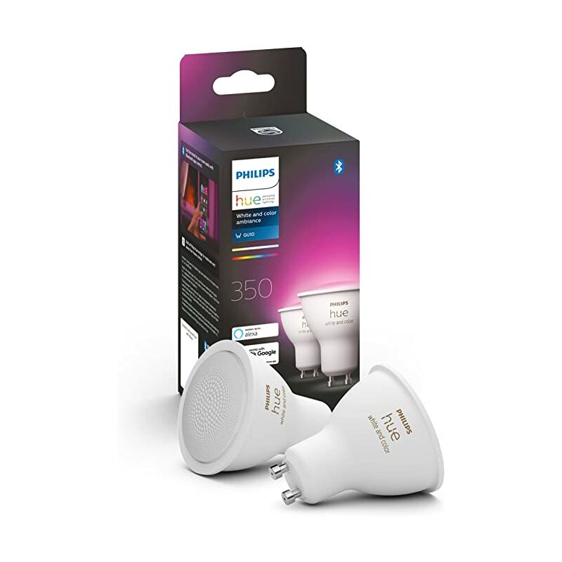 Philips - Hue Ampoules led Connectées White & Color Ambiance GU10 Compatible Bluetooth, pack de 2, fonctionne avec Alexa, Google Assistant et Apple