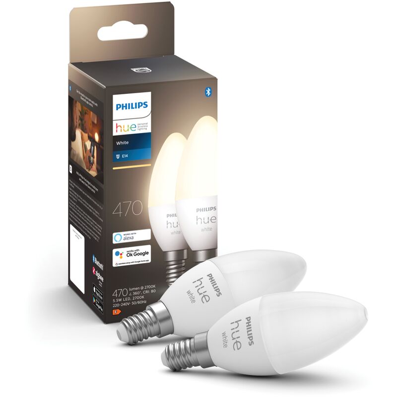 

Philips Hue - Bombilla inteligente, E14, Luz cálida regulable, 55W, Compatible con Alexa y Google Home - Pack de 2 Bombillas LED inteligentes