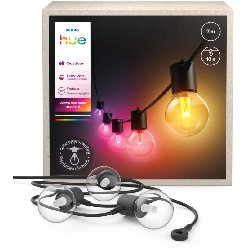 Philips – Guirlande lumineuse d'extérieur 7m – 10 ampoules LED – Ambiance blanche et colorée – Intensité réglable – Résistante aux intempéries