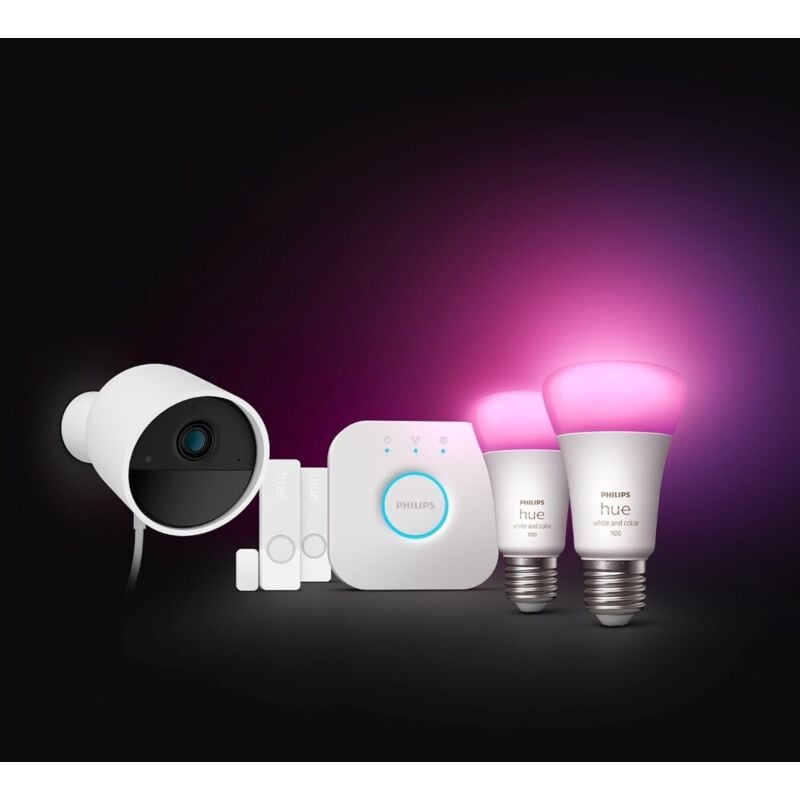 Philips Hue - Secure, Kit de Démarrage avec 1 Caméra Filaire Sécurisée Blanche, 2 Capteurs de Contact Sécurisés Blancs, 2 Ampoules Connectées White