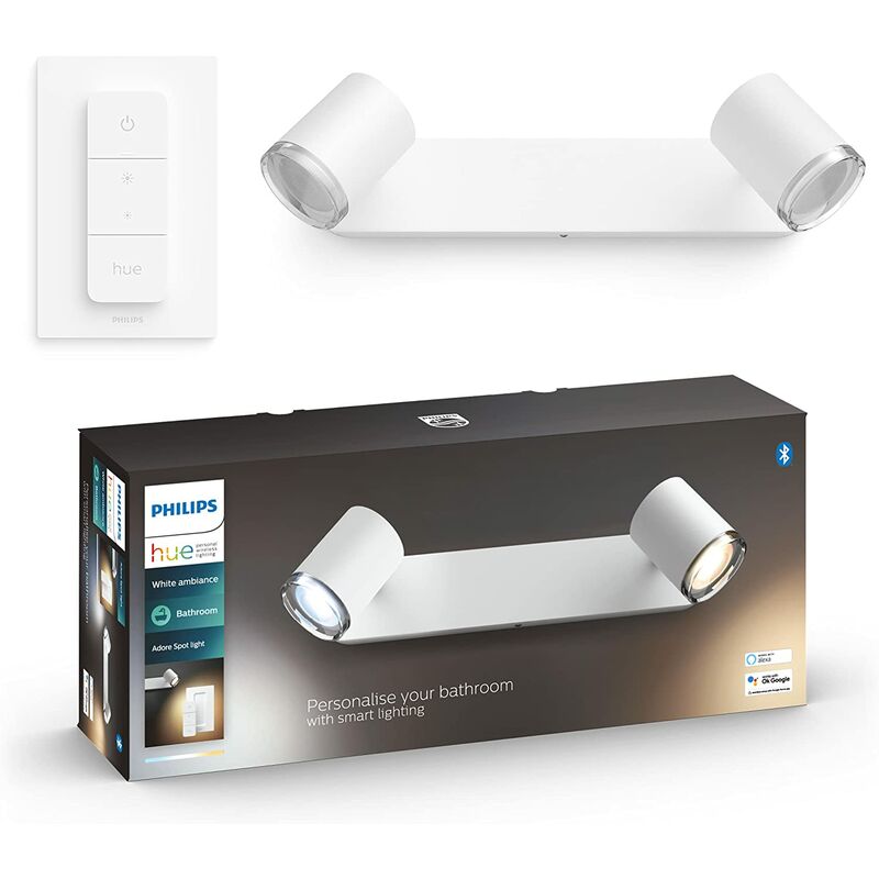 Hue White Ambiance adore Spot barre tube 2x5.5W salle de bain, compatible Bluetooth - Blanc (Télécommande incluse), fonctionne avec Alexa, Google