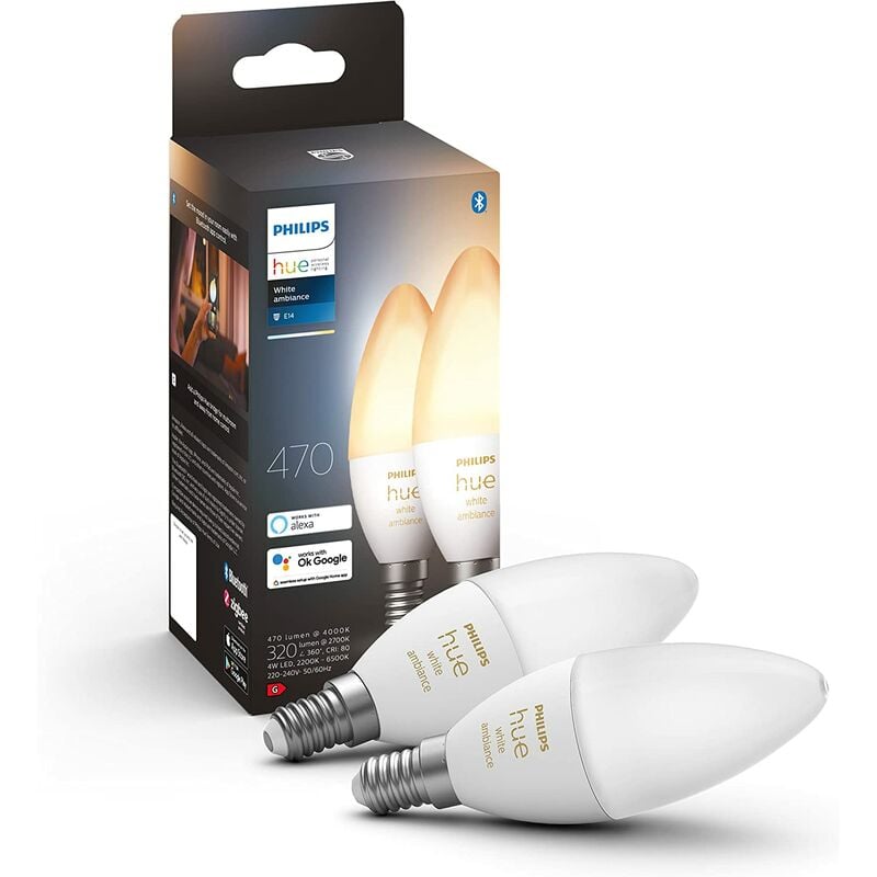 Hue White Ambiance, ampoule led connectée flamme E14, compatible Bluetooth, pack de 2, fonctionne avec Alexa, Google Assistant et Apple Homekit