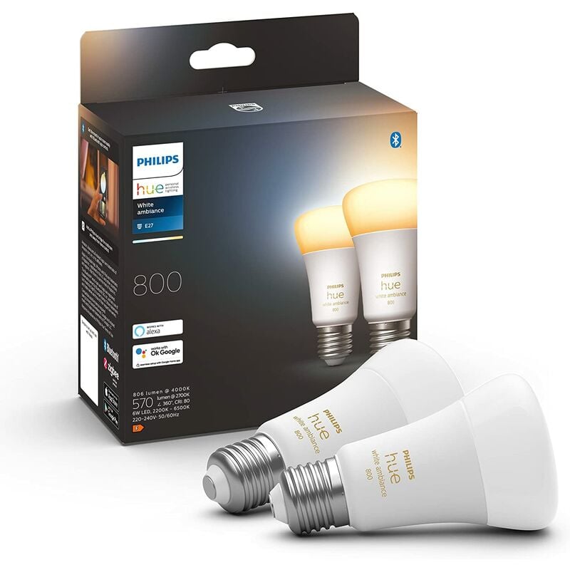 Philips Hue White Ambiance, ampoules LED Connectées E27, équivalent 60W, 800 lumen, Compatible Bluetooth, pack de 2, fonctionne avec Alexa, Google