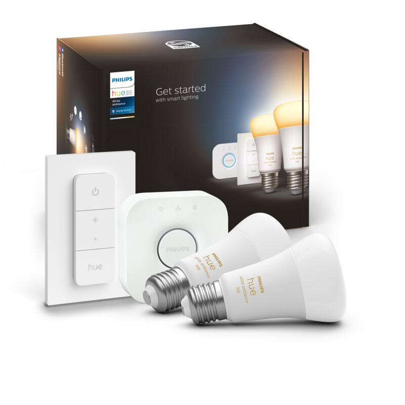 Hue White Ambiance, Kit de démarrage E27 x 2, pont et télécommande, compatible Bluetooth - Philips