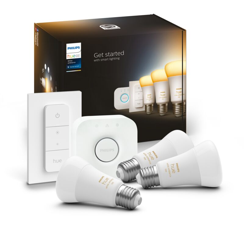 Philips Hue - White Ambiance, Kit de démarrage E27 x 3, Pont et télécommande, compatible Bluetooth