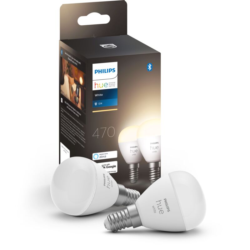 Philips Hue White, ampoule LED connectée Luster E14, compatible Bluetooth, pack de 2, fonctionne avec Alexa, Google Assistant et Apple Homekit