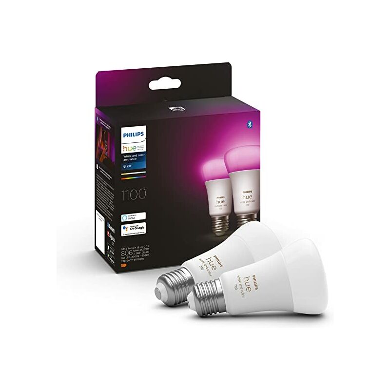 Philips Hue - White & Color Ambiance, ampoule led connectée E27,Equivalent 75W, 1100 lumen, Compatible Bluetooth, Pack de 2, fonctionne avec Alexa,