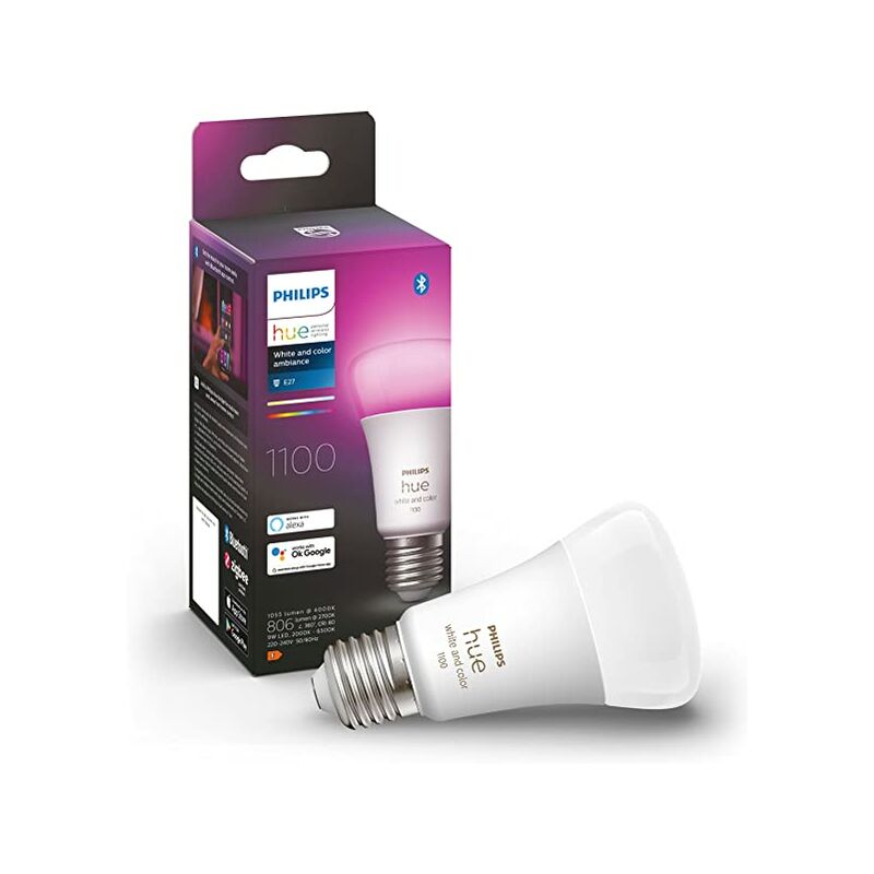 White and Color Ambiance, ampoule led connectée E27, Equivalent 75W, 1100 lumen, compatible Bluetooth, fonctionne avec Alexa, Google Assistant et