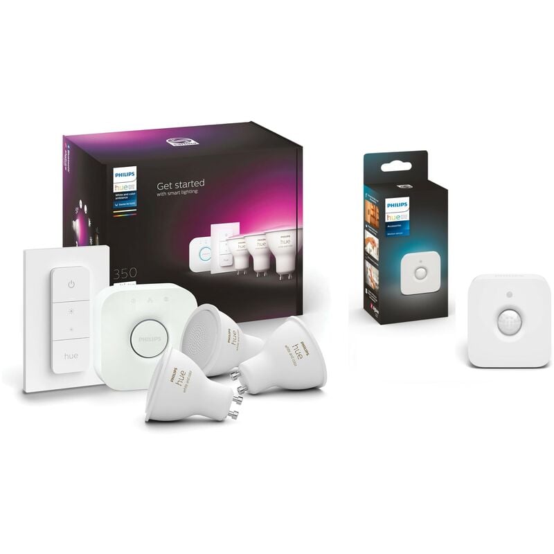 White and Color Ambiance, Kit de démarrage GU10, Pont et télécommande, compatible Bluetooth + détecteur de mouvement - Philips Hue