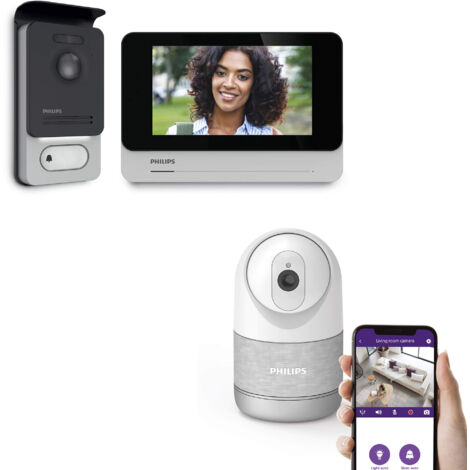 Philips – Kit de vidéosurveillance avec caméra intérieure connectée 2k – Visiophone filaire 7' couleur tactile – Application mobile WelcomeEye