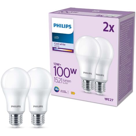 Philips LED E27, confezione da 2 lampadine, equivalente a 100 W, lampadine LED smerigliate, Plastica, Luce Bianca Naturale 4000K, LED a risparmio energetico con lunga durata