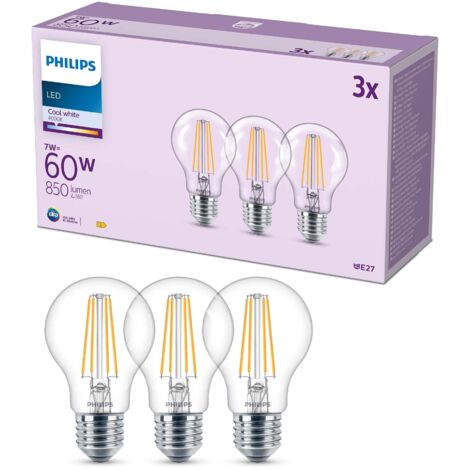 Philips LED E27, confezione da 3 lampadine, equivalente a 60 W, lampadine LED filamento, Vetro, Luce Bianca Naturale 4000K, LED a risparmio energetico con lunga durata