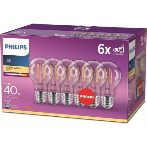 Philips LED Lampadina a Filamento, 6 pz, 40W, attacco E27, Luce Bianca Calda, Non Dimmerabile