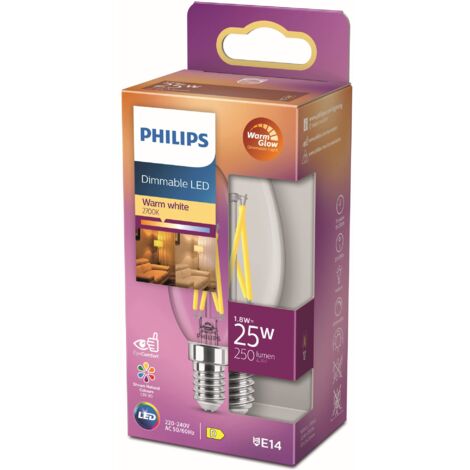Philips LED Lampadina Candle & Lustre, Oliva, Filamento, WarmGlow, 2.5-25W, Dimmerabile, E14, 1 pezzo