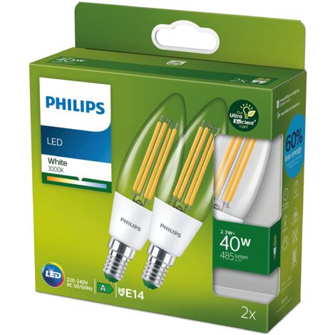 Philips LED Lampadina Classe A Ultra Efficiente a Risparmio Energetico, 40W, 2 Pezzi, Luce Naturale, Attacco E14