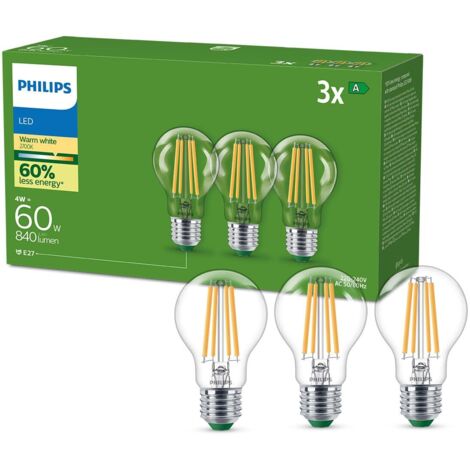 PHILIPS LED Lampadina Goccia a Filamento Classe A Ultra Efficiente, 3 Pezzi, 60W, E27, Luce Bianca Calda