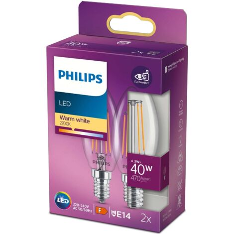 Philips LED Lampadina LED Candela Filamento, 4.3W, attacco E14, Luce Bianca Calda