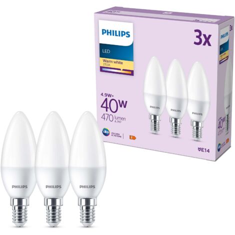 Philips, pack de 3 ampoules LED E14 format flamme, 40W, blanc chaud