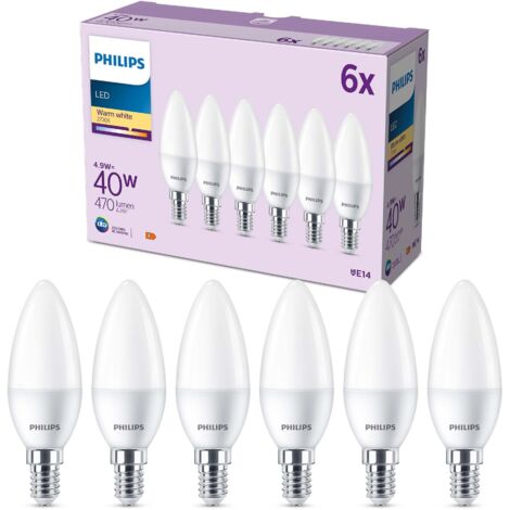 Philips, pack de 6 ampoules LED E14 format flamme, 40W, blanc chaud