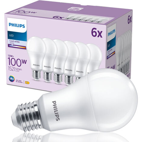 Philips, pack de 6 ampoules LED E27, 100W, blanc froid non dimmable