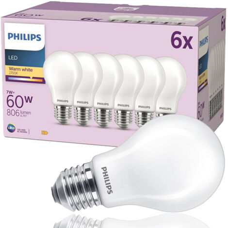 Philips pack de 6 ampoules LED E27, 40W, 2700K, blanc chaud, verre