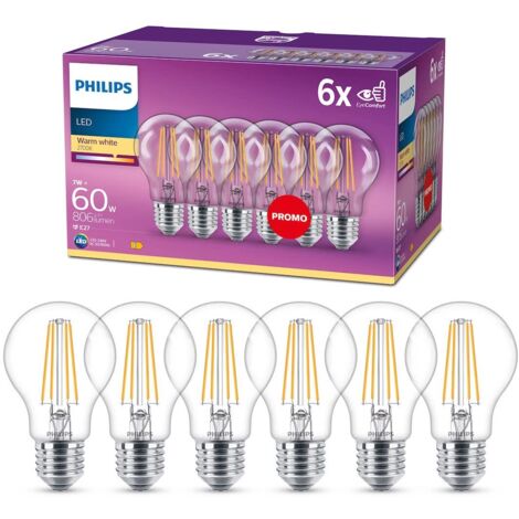 Philips – Pack de 6 ampoules LED E27 60W – Blanc chaud 2700K – Durée de vie 15000 heures – Non compatibles avec variateur