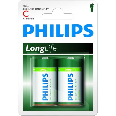 Philips Pilas C - R14L2B - Pack de 2 Pilas - Tecnología de Cloruro de Zinc - 3 Años de Vida Útil - 1,5 V