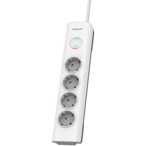 Philips SPN7040WA/10 - Ciabatta 4 spine Schuko, blocco alimentazione, 3.680 W, 600 J, cavo di alimentazione intrecciato 2 metri di alta resistenza, blocco di sicurezza