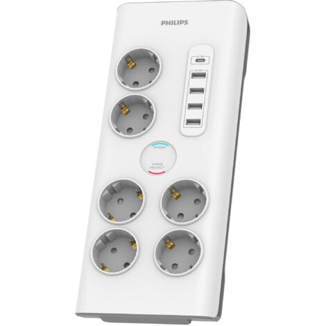 Philips SPN7060WA/10 - Multipresa a 6 prese Schuko, 4 porte USB 35 W e 1 tipo C, Bloq Alimentazione, cavo intrecciato 2 metri ad alta resistenza, chiusura sicurezza (indicatore LED Prot. Sovraccari)
