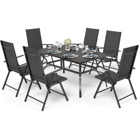 PHIVILLA 6+1 Table et chaises de jardinEnsemble de meubles de jardin 6 chaises pliantes de patio 6X réglables avec 7 positions d'assise et table de salle à manger en métal noir