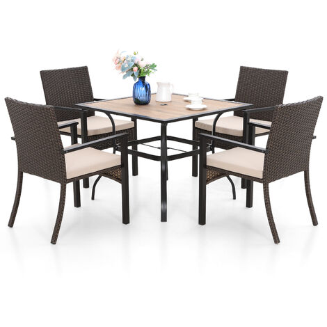 PHIVILLA Garden Dining Table and Chairs Set 5Pcs, 94 CM Square Wood-Like Table, 4 Outdoor Rattan Wicker Chairs With Beige Cushion, Garden Patio Balcony Furniture set