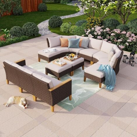 PHIVILLA Garden Sofa Furniture Set for 10-12 Persons Patio Outdoor Corner Sofa Balcony Furniture with Armchair Coffee Table Ottoman with cushions Weatherproof for Garden Patio Deck and Backyard