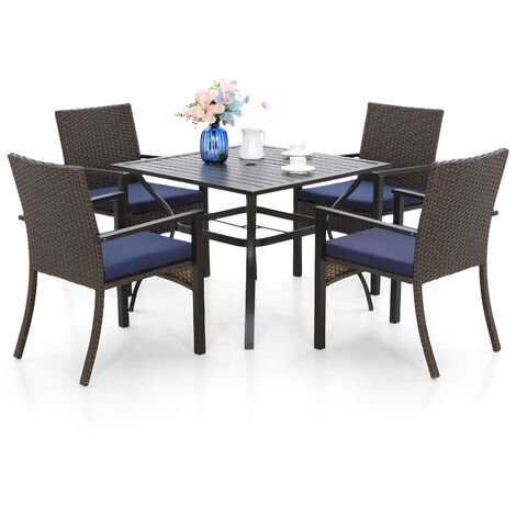 PHIVILLA Rattan Balkonmöbel Set, Gartenmöbel Set 4 Stühle mit Tisch, Quadratische Stahl Lamellen Tisch mit 4cm Schirmloch und 4 Polyrattan Sessel für Terrasse, Balkon, Bistro