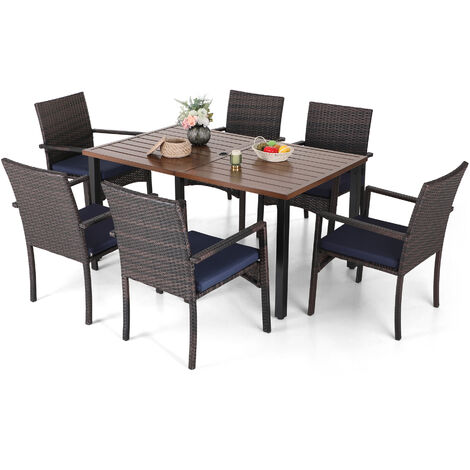 PHIVILLA Rattan Garden Furniture Set 7 Pcs, Teak Color Rectangular Dining Table and 6 Rattan Garden Chairs, Navy Blue Cushion Included, Garden Table and Chairs, Weatherproof, Black and Brown