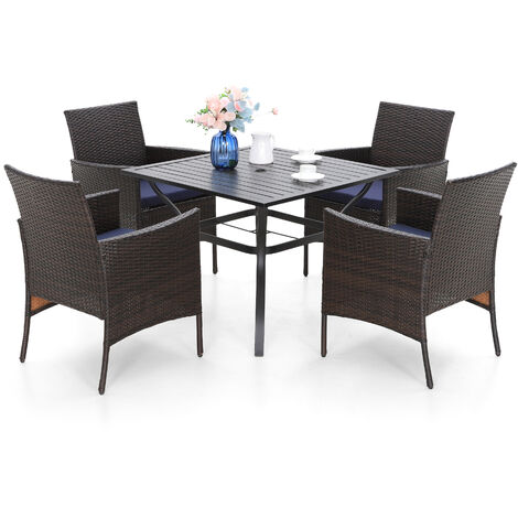 PHIVILLA Rattan Garten Terrasse Balkonmöbel Set, Gartentisch mit Stühle Set, 94cm Quadratische Metall Tisch, 4cm Schirmloch, 4 Polyrattan Sessel Mit Kissen, Wetterfest