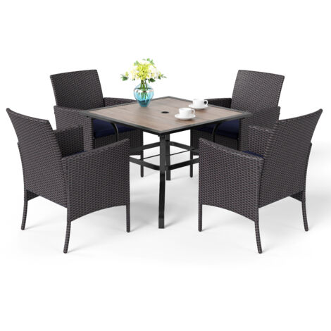 PHIVILLA Rattan Gartenmöbel Set, Terrasse Balkon Gartentisch mit Stühle Set, 94cm Quadratische Metall Holzähnlich Tisch, 4cm Schirmloch, 4 Polyrattan Sessel Mit Kissen, Wetterfest