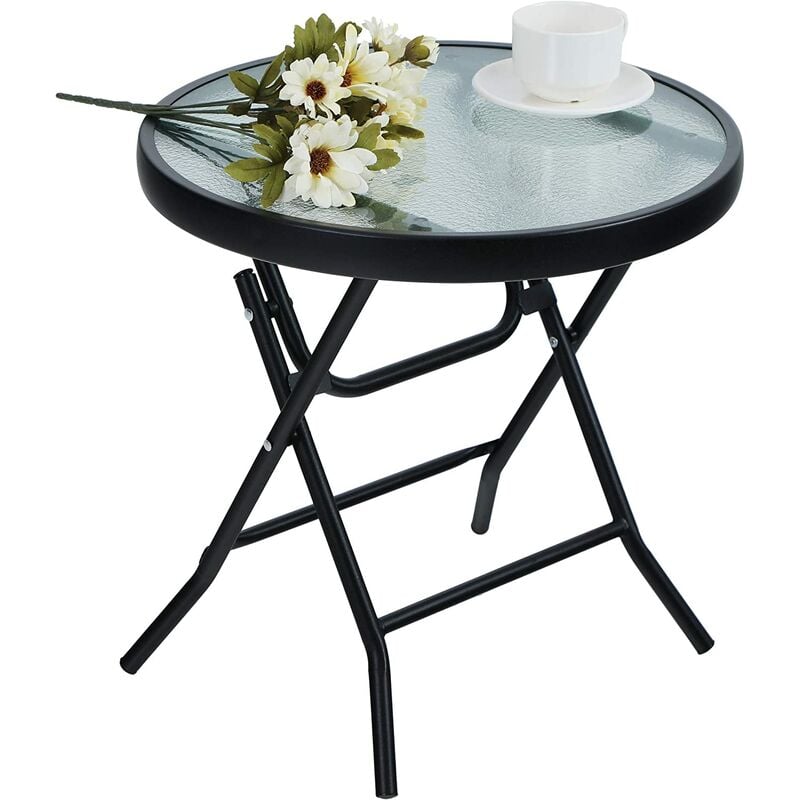 Table d'appoint, ronde, pliable, en verre et métal, petite table de balcon, résistante aux intempéries, facile à entretenir, pour balcon, jardin,