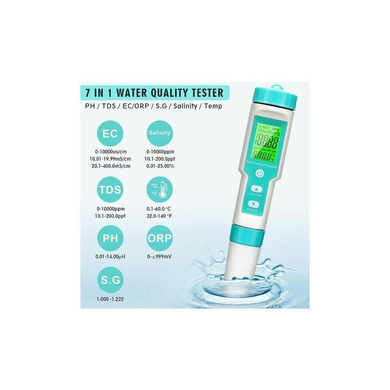 Medidor de pH digital, 7 en 1 Ph/tds/ec/orp/sg/Salinidad/Medidor de temperatura con Atc, Resolución 0.01, Probador tipo pluma de alta precisión,