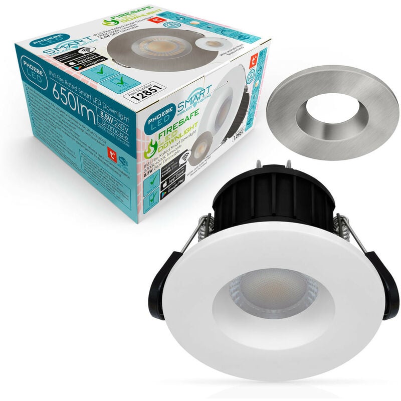 Smart Wifi Downlight 8.5W Dimmable Firesafe IP65 (80W Equivalent) 3000K-6500K Tuneable White 60° or Brushed Nickel 700lm Fire Rated Amazon Alexa TUYA