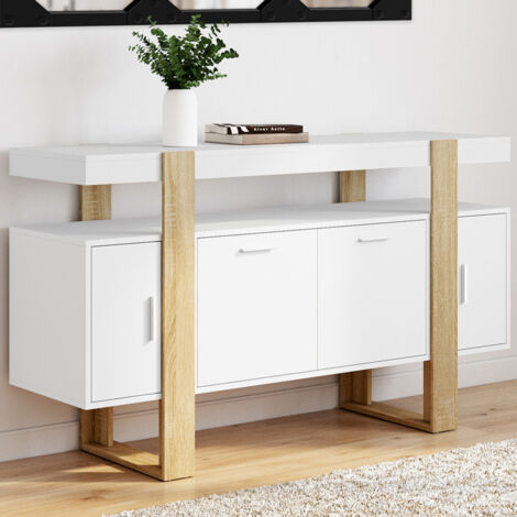 PHOENIX Aparador 4 puertas blanco y madera 140 cm