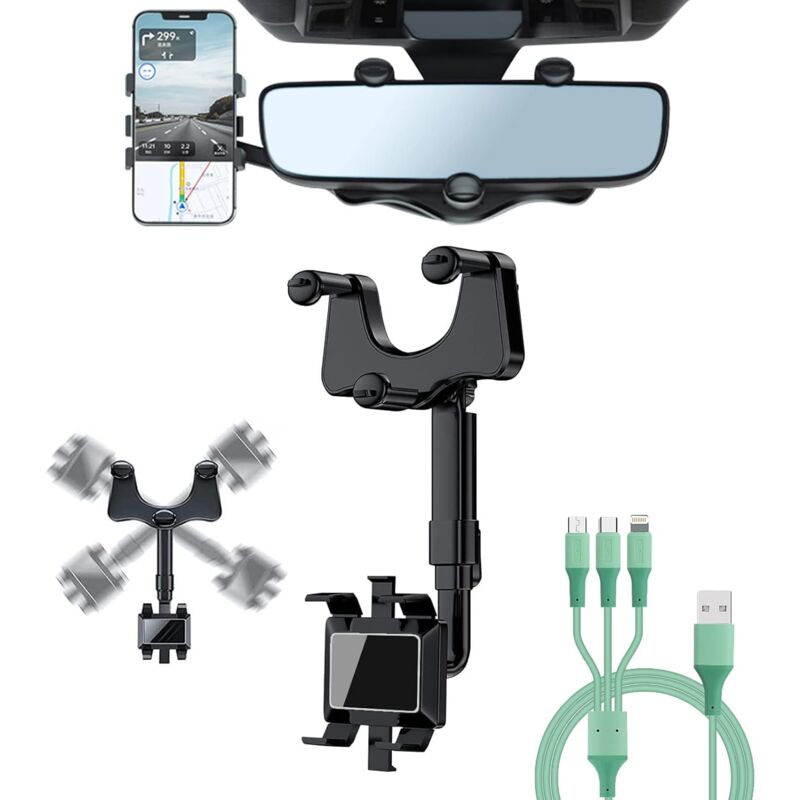 Image of ZVD - Phone Holder Car Rearview Mirror Mount with 1 Data Cable, 360 Degree Multifunction Retractable Rotatable