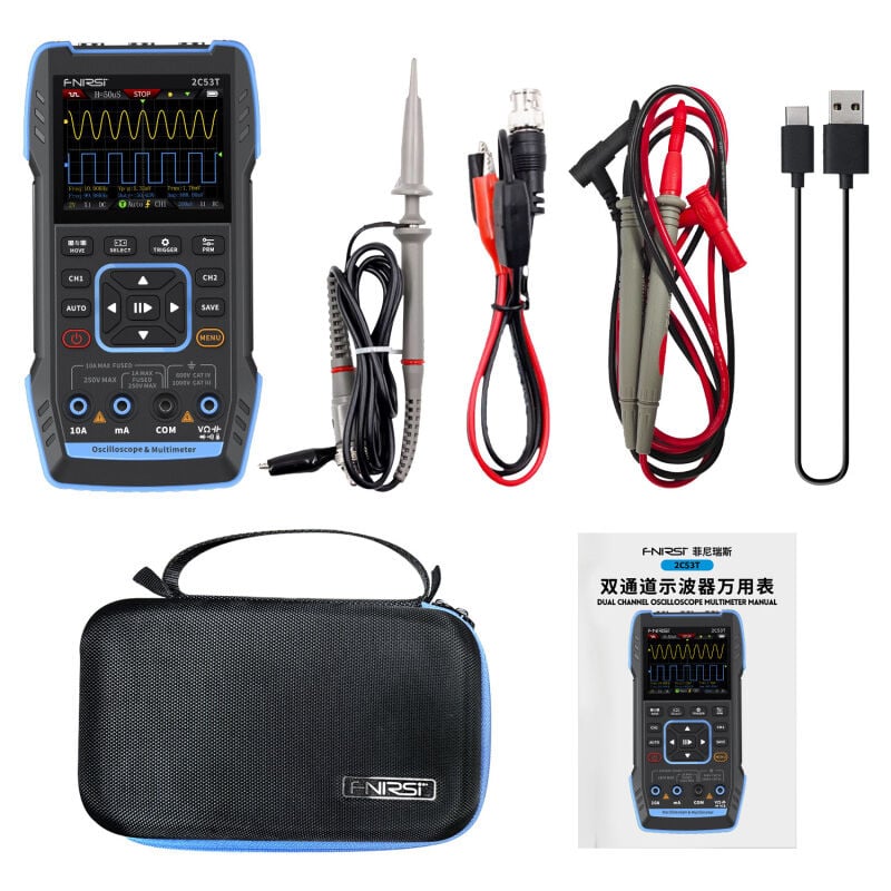 Générateur de signaux multimètre oscilloscope 3 en 1 FNIRSI 2C53T, bande passante 50 MHz, double canal 250 MS, 20 000 points
