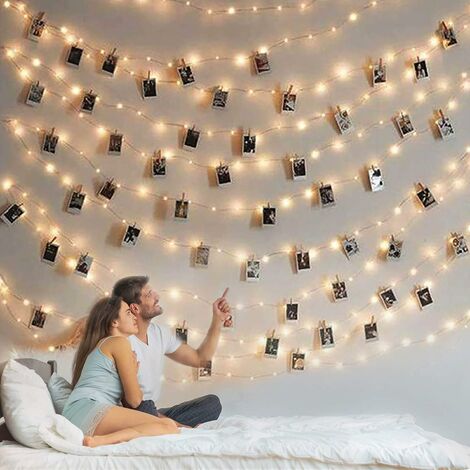 Photo Clip String Lights - Guirlande lumineuse à LED de 5 m avec clips photo, lampes photo avec 50 clips transparents pour décoration murale / mariage dortoir