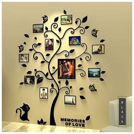 Photo Decals Removable Wall Stickers 3D Acrylic Tree with Curved Branches and Photo Frames(Black Leaves)