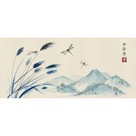Photo murale intissé paysage japonais à la gouache 202 x 90 cm - Multicolor