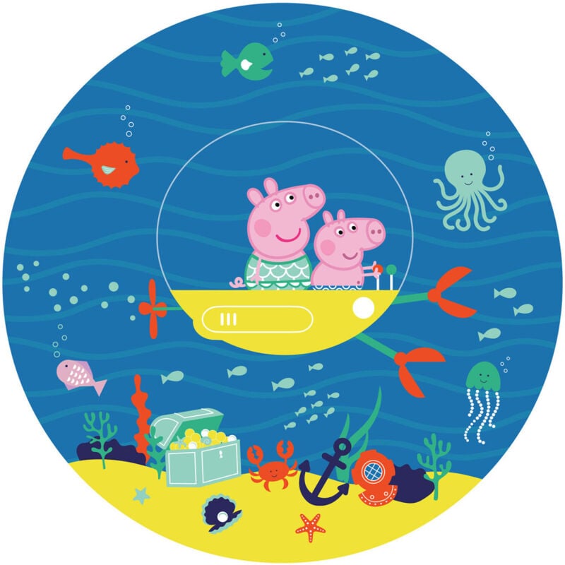 Papier peint intissé auto-adhésif rond Peppa pig avec sa famille sous l'eau - 70 x 70 cm