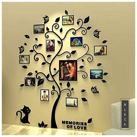 Photo Stickers Autocollants Muraux Amovibles 3D Acrylique Arbre avec des Branches Incurvées et des Cadres de Photo(Feulles noires)