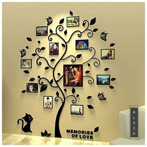 Photo Stickers Removable Wall Stickers 3D Acrylic Tree with Curved Branches and Photo Frames (Black Feulles)