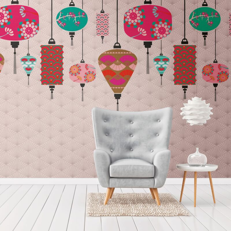 Profhome - Photo Wallpaper 382481 Hot Embossed Non-woven Wallpaper Smooth With Asian Pattern Matt Pink Turquoise Grey Brown 1.59 M X 2.8 M