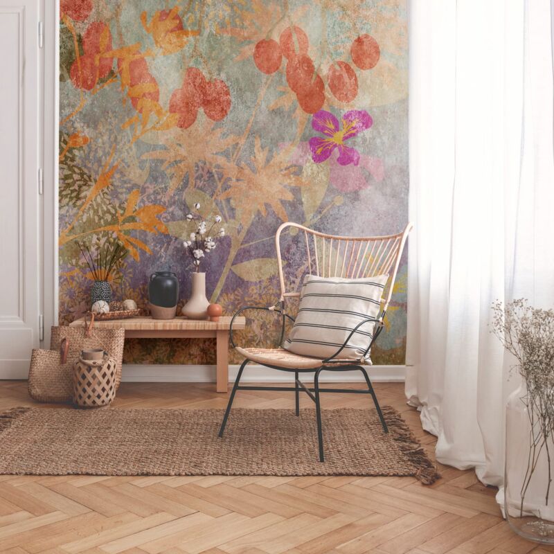 Profhome - Photo Wallpaper 382641 Hot Embossed Non-woven Wallpaper Smooth Aquarelle Style Matt Orange Purple Yellow Blue 3.71 M X 2.8 M